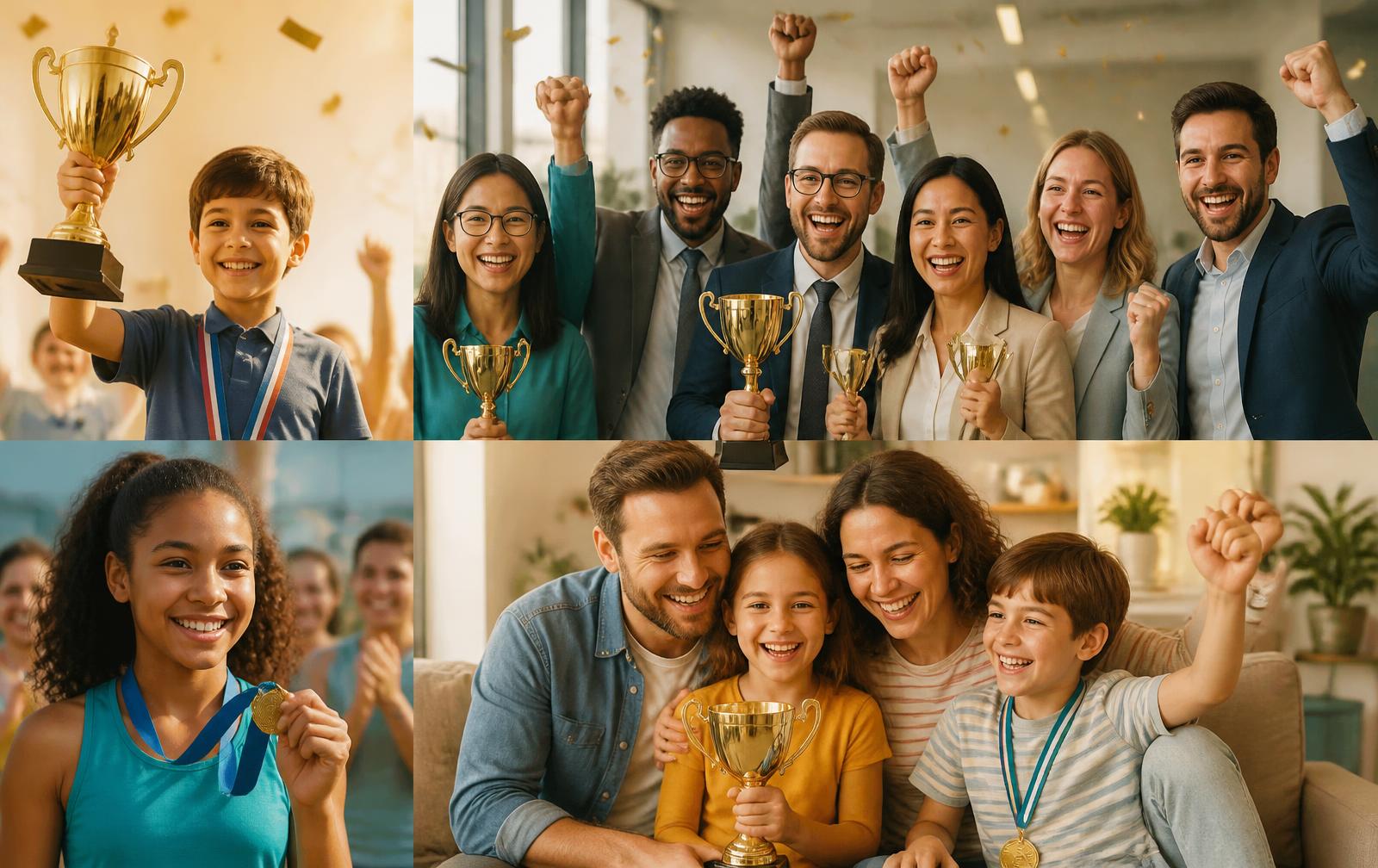 Criancas, familia e equipe de trabalho sorrindo com trofeus e medalhas